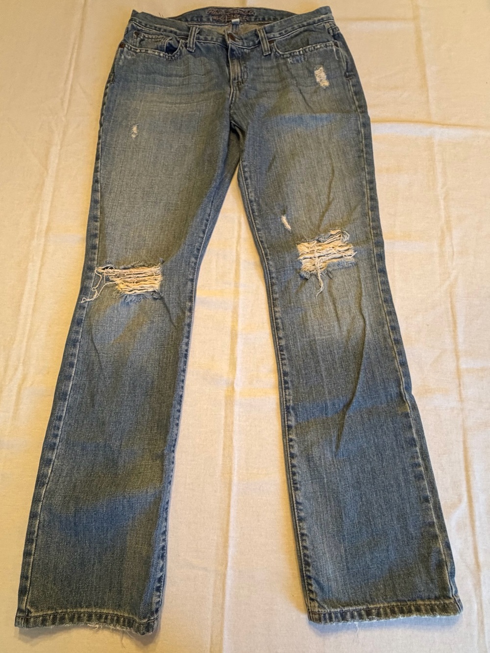 Abercrombie & Fitch Distressed Boot Cut Jeans in Mid Blue